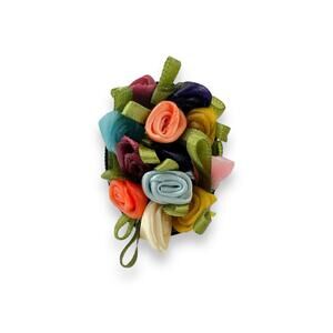 Multicolor Fabric Roses Victorian OOAK Modern Oval Ring Adjustable